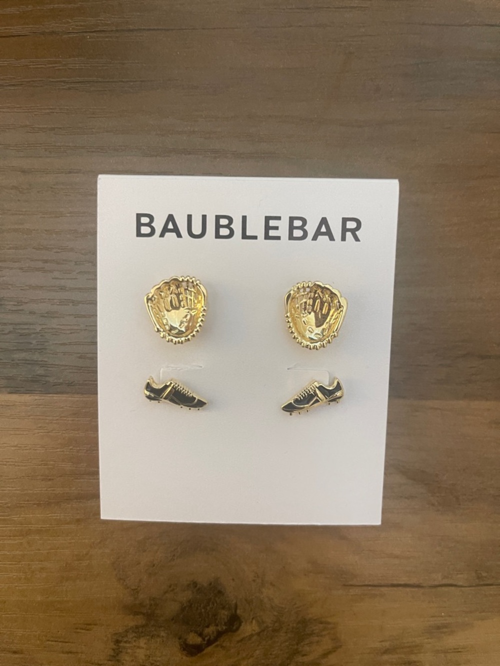 NWT BaubleBar Gold Baseball Glove & Black/Gold Cleat Stud Earring Set